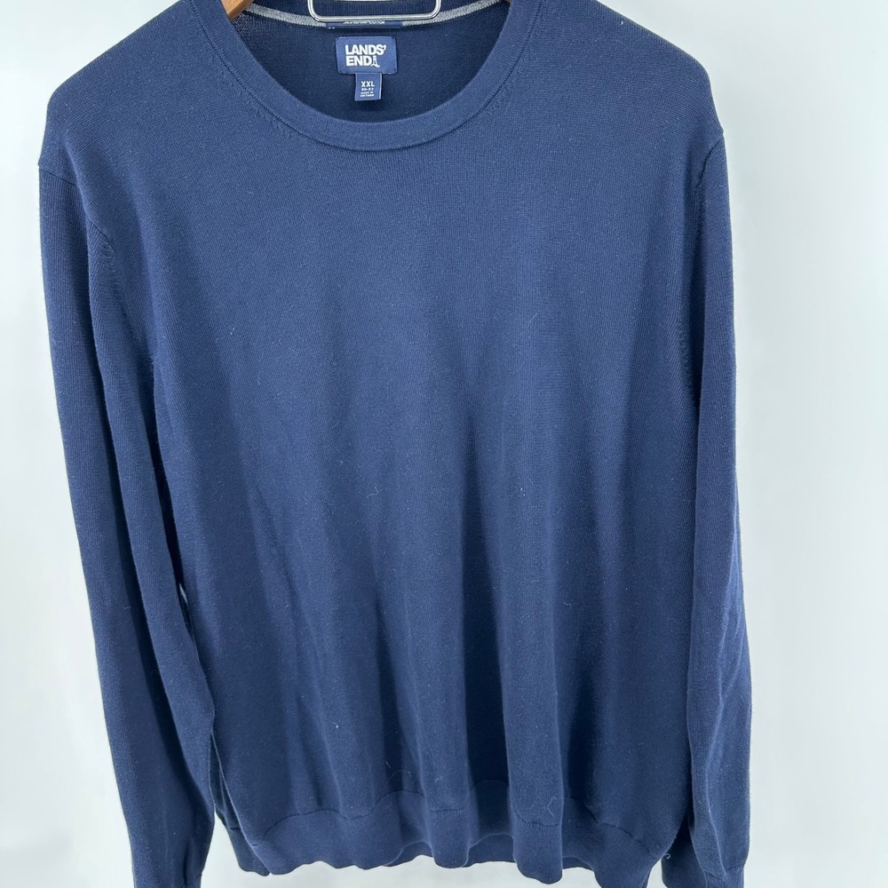 Lands End Mens XXL Navy Blue 100% Supima‎ Cotton Crewneck Sweater Solid Knit